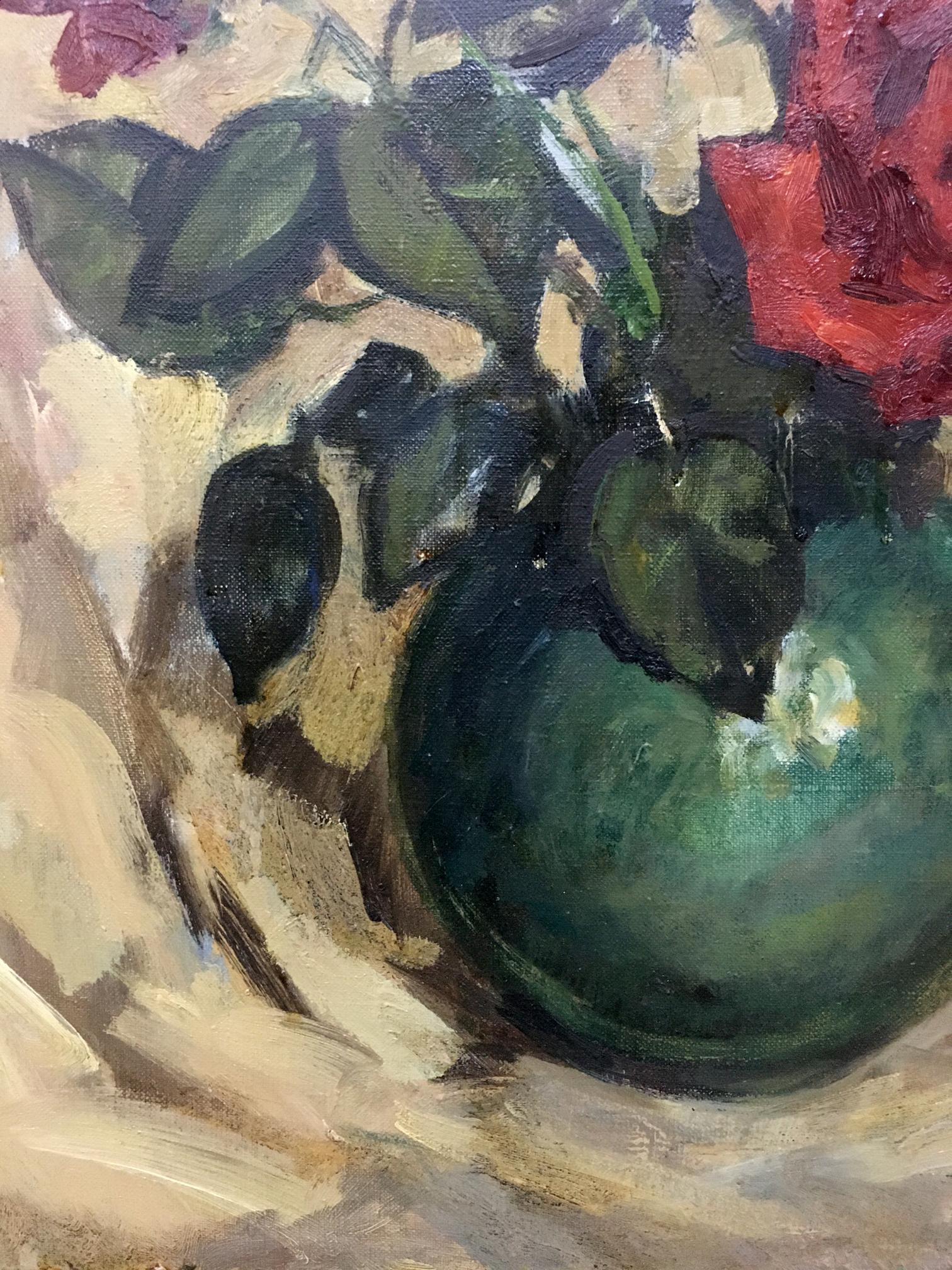 Oil painting of red roses by Bronstein Mark Emmanuilovich in green vase