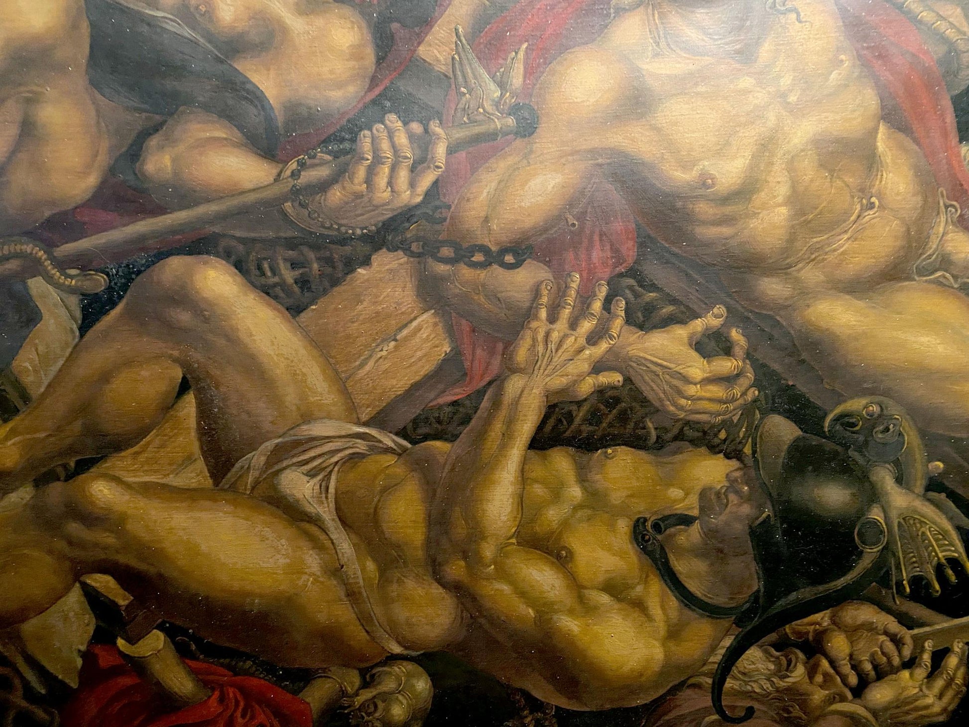Oil painting of muscular nude golden-skinned man crucified upside down by Litvinov Oleg Arkad’yevich