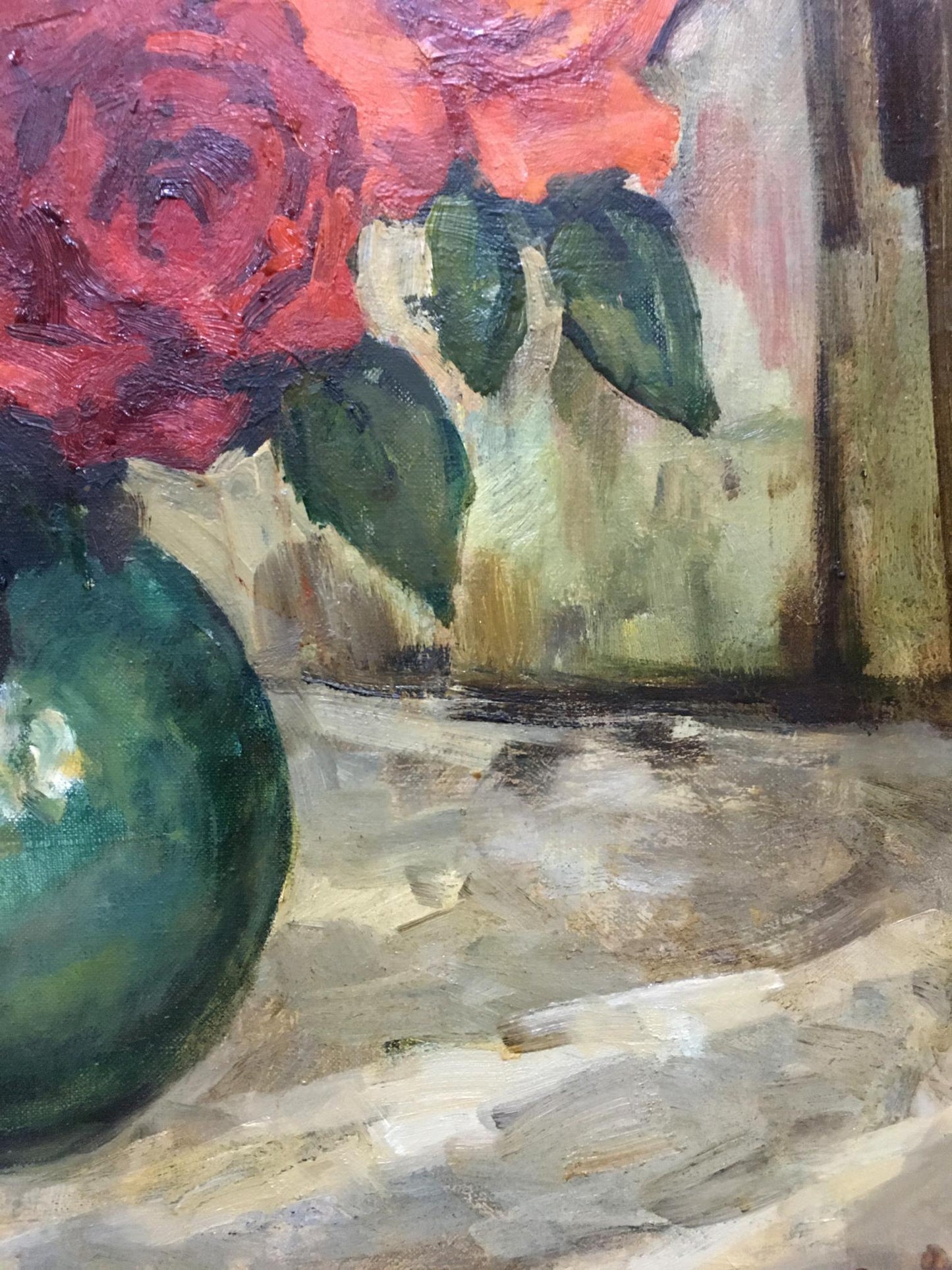 Oil painting of vibrant red rose with green leaves in emerald vase by Bronstein Mark Emmanuilovich
