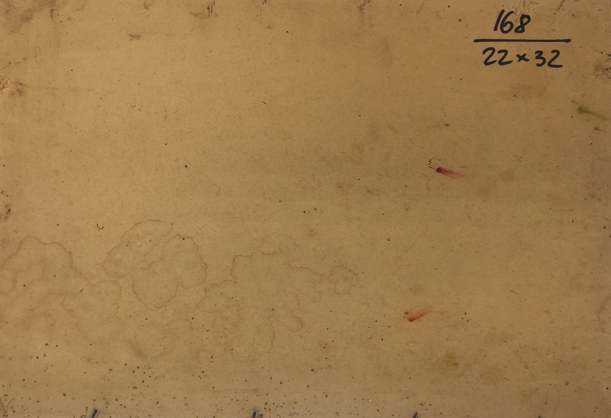 Back of oil painting House in the swamp with beige textured surface, faint stains and red marks