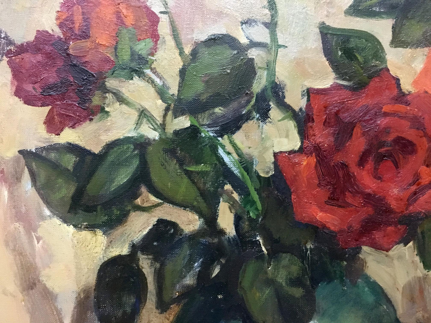 Oil painting of vibrant red burgundy roses by Bronstein Mark Emmanuilovich