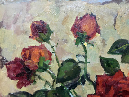 Oil painting of vibrant red orange roses by Bronstein Mark Emmanuilovich