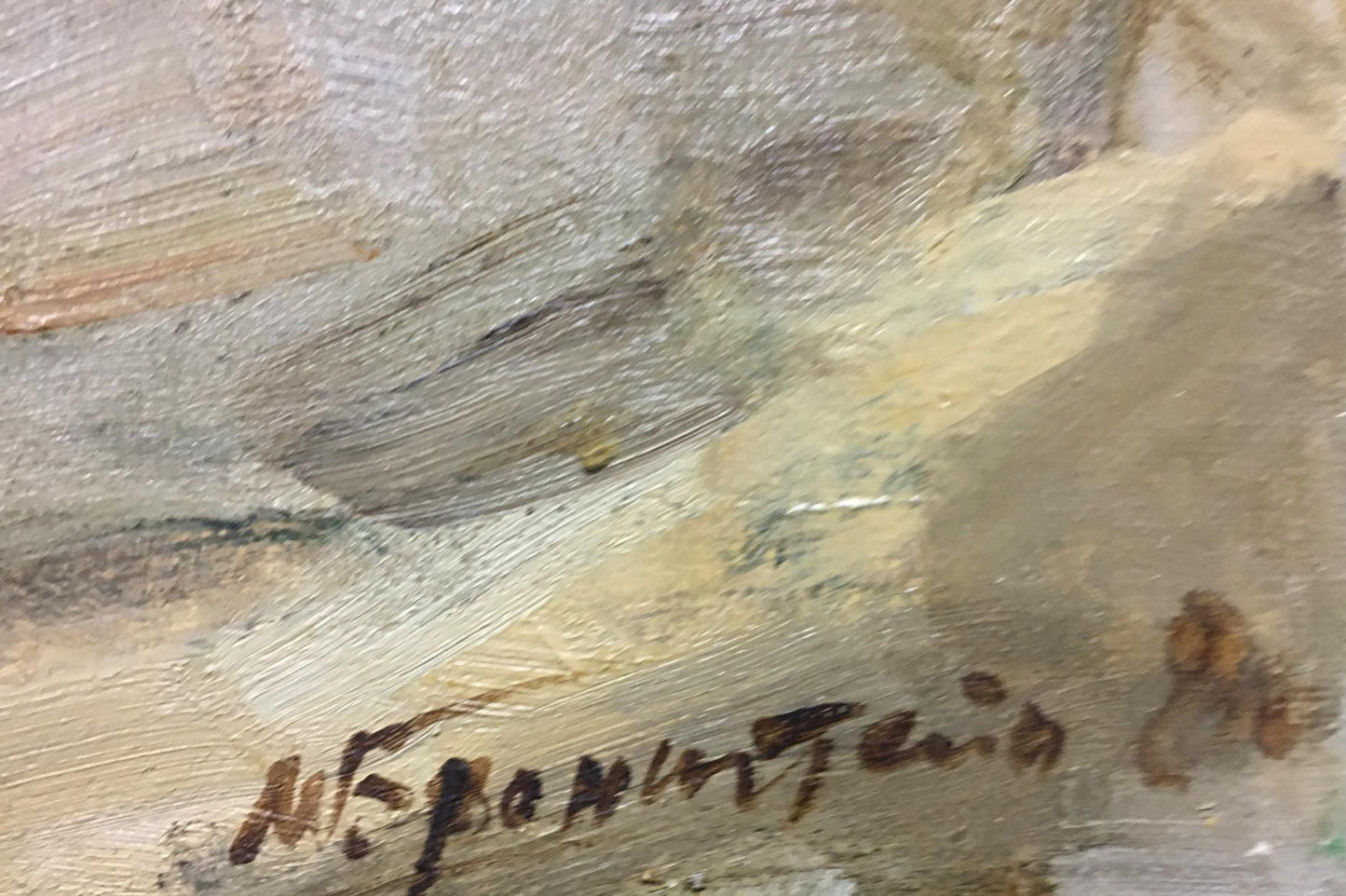 Signed oil painting of red roses by Bronstein Mark Emmanuilovich in muted earth tones