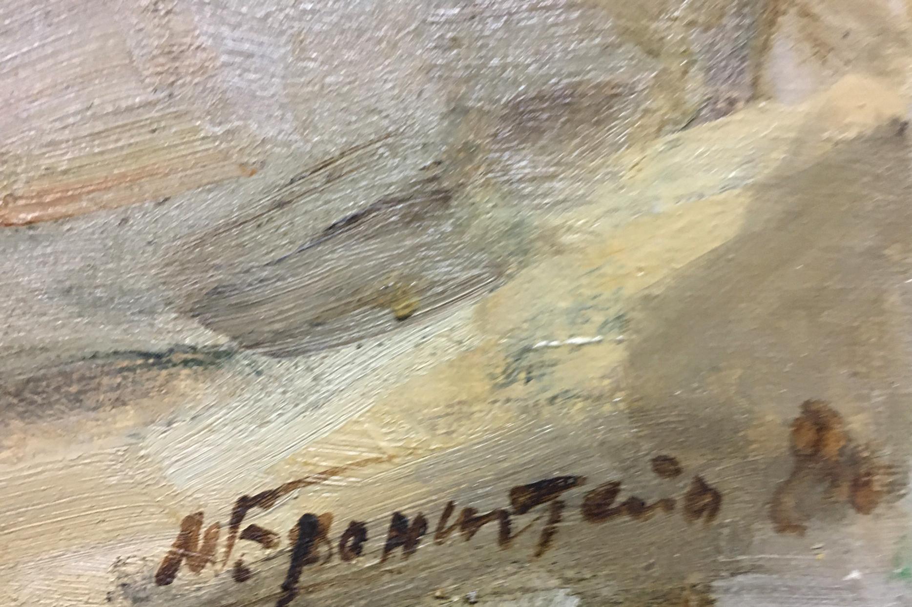 Signed oil painting of red roses by Bronstein Mark Emmanuilovich in muted earth tones