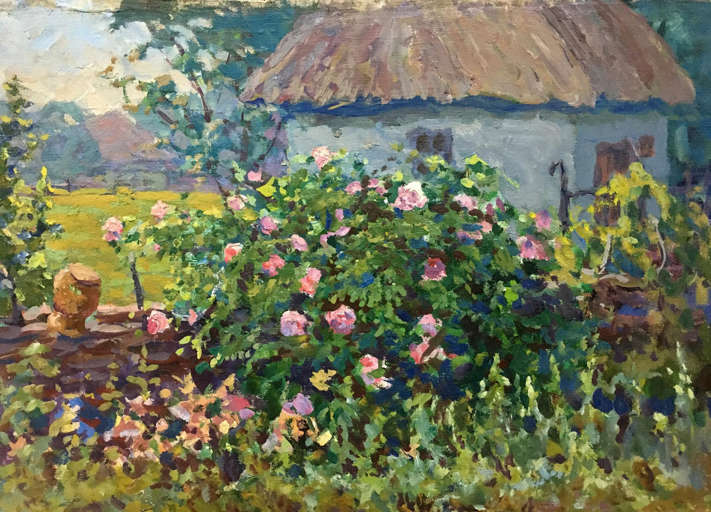 Oil painting by Fomin Anatoly Nikiforovich: lush pink roses in garden