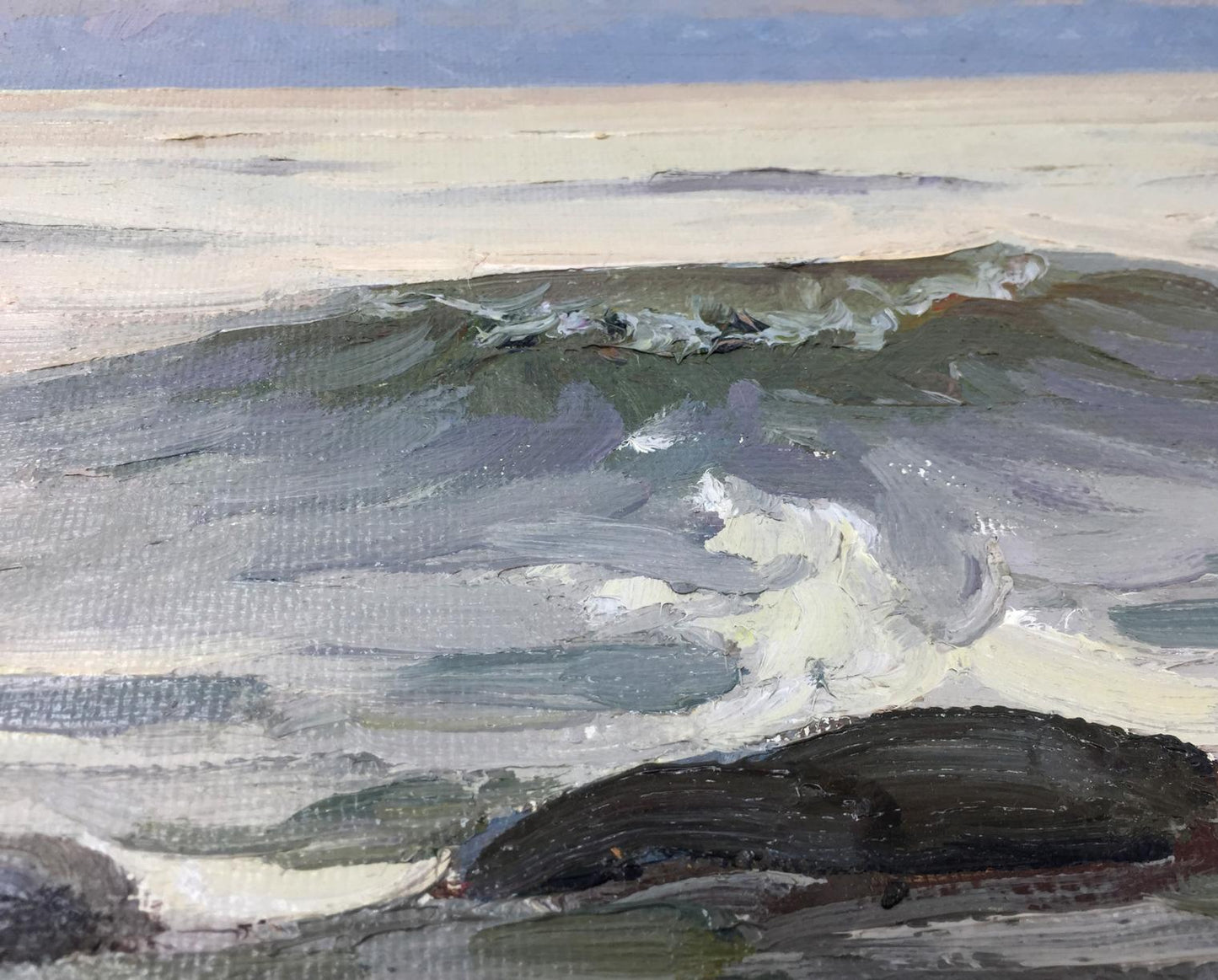 Oil painting Wave Balakai by Vladimir Leonidovich: gray waves crashing on rocks