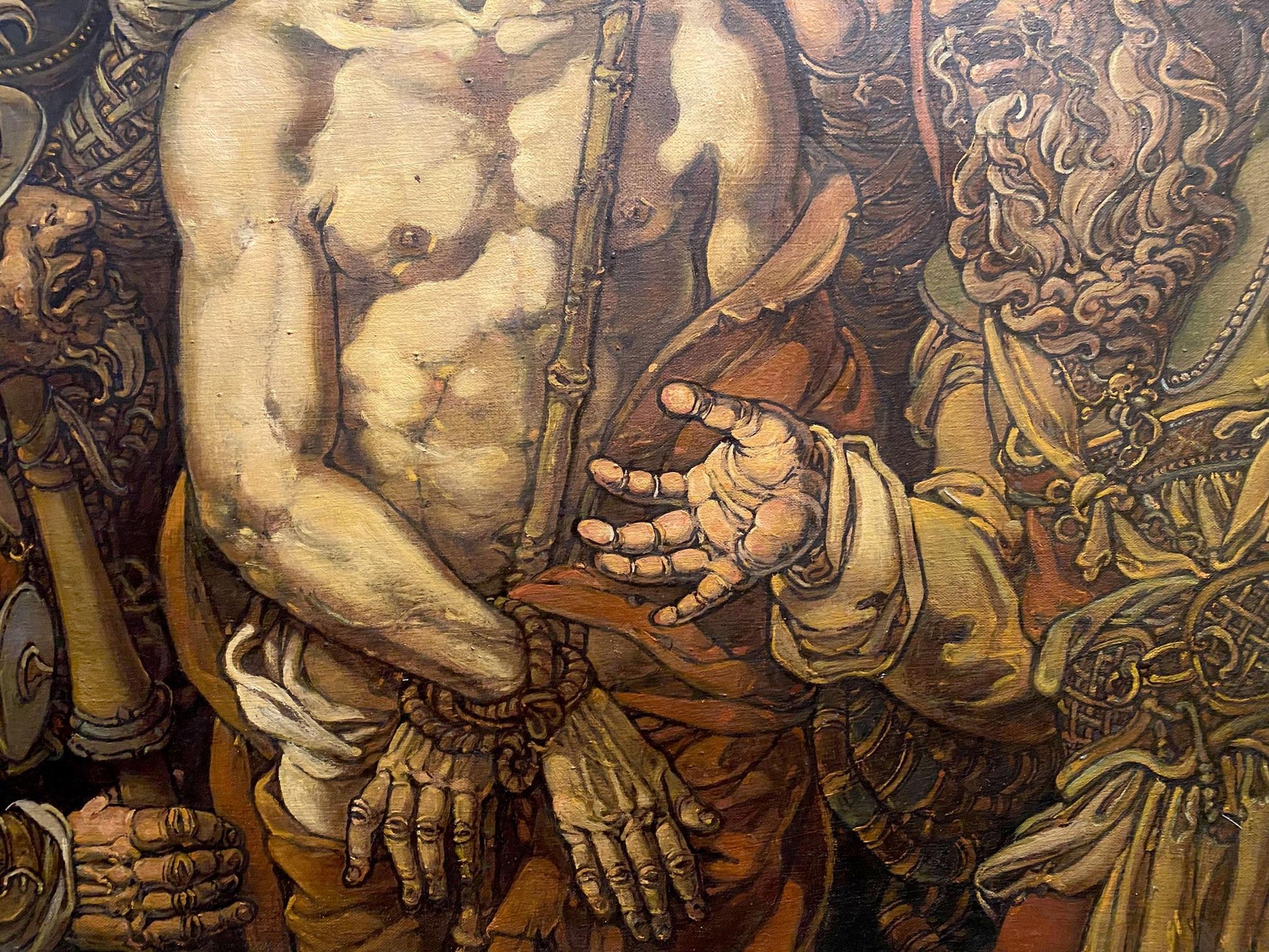Muscular nude male in Oil painting The Mockery of Christ by Litvinov Oleg Arkadyevich