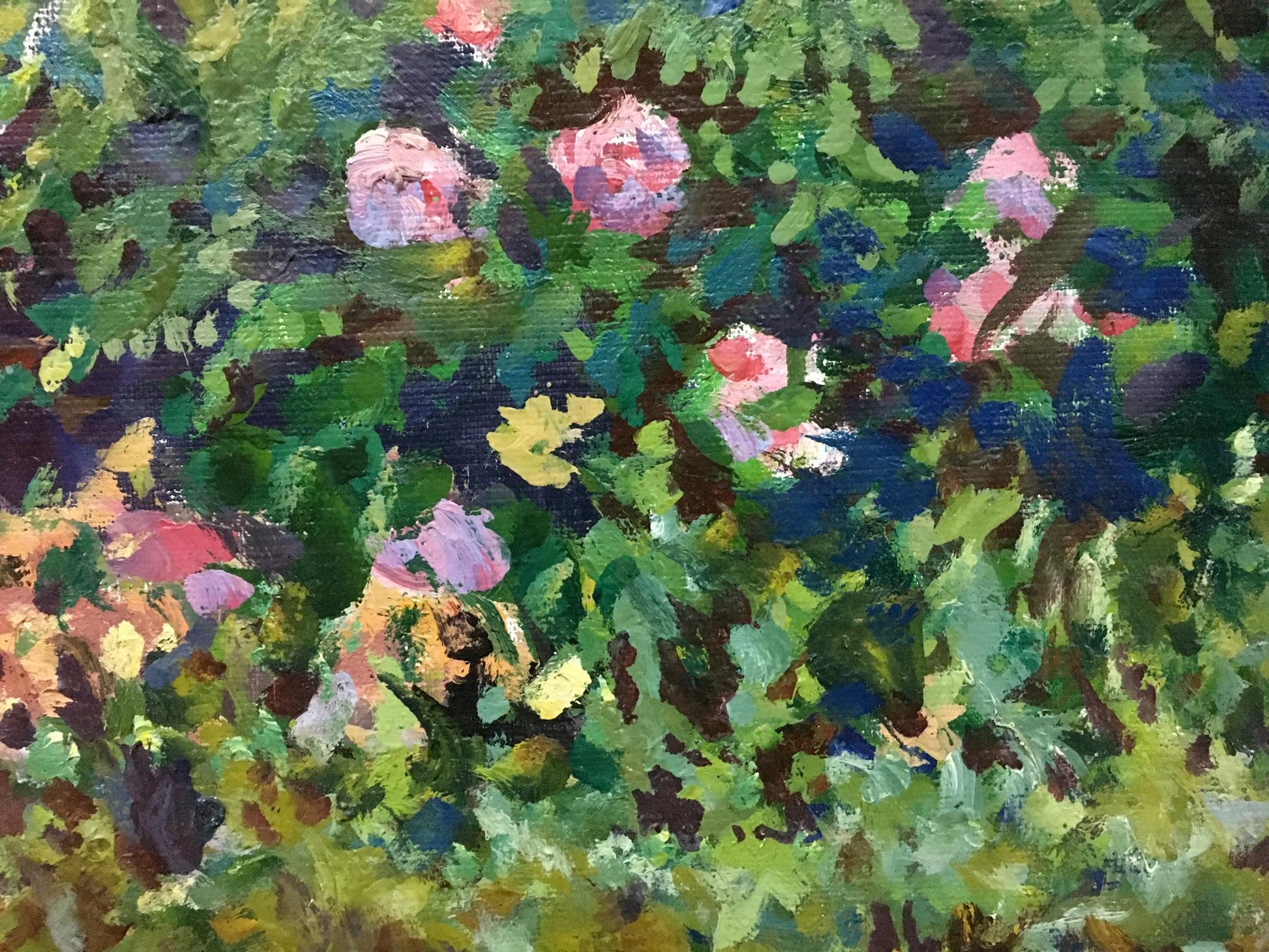 Vibrant impressionist oil painting by Fomin Anatoly Nikiforovich with lush green foliage and pink roses
