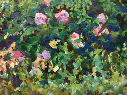 Vibrant impressionist oil painting by Fomin Anatoly Nikiforovich with lush green foliage and pink roses