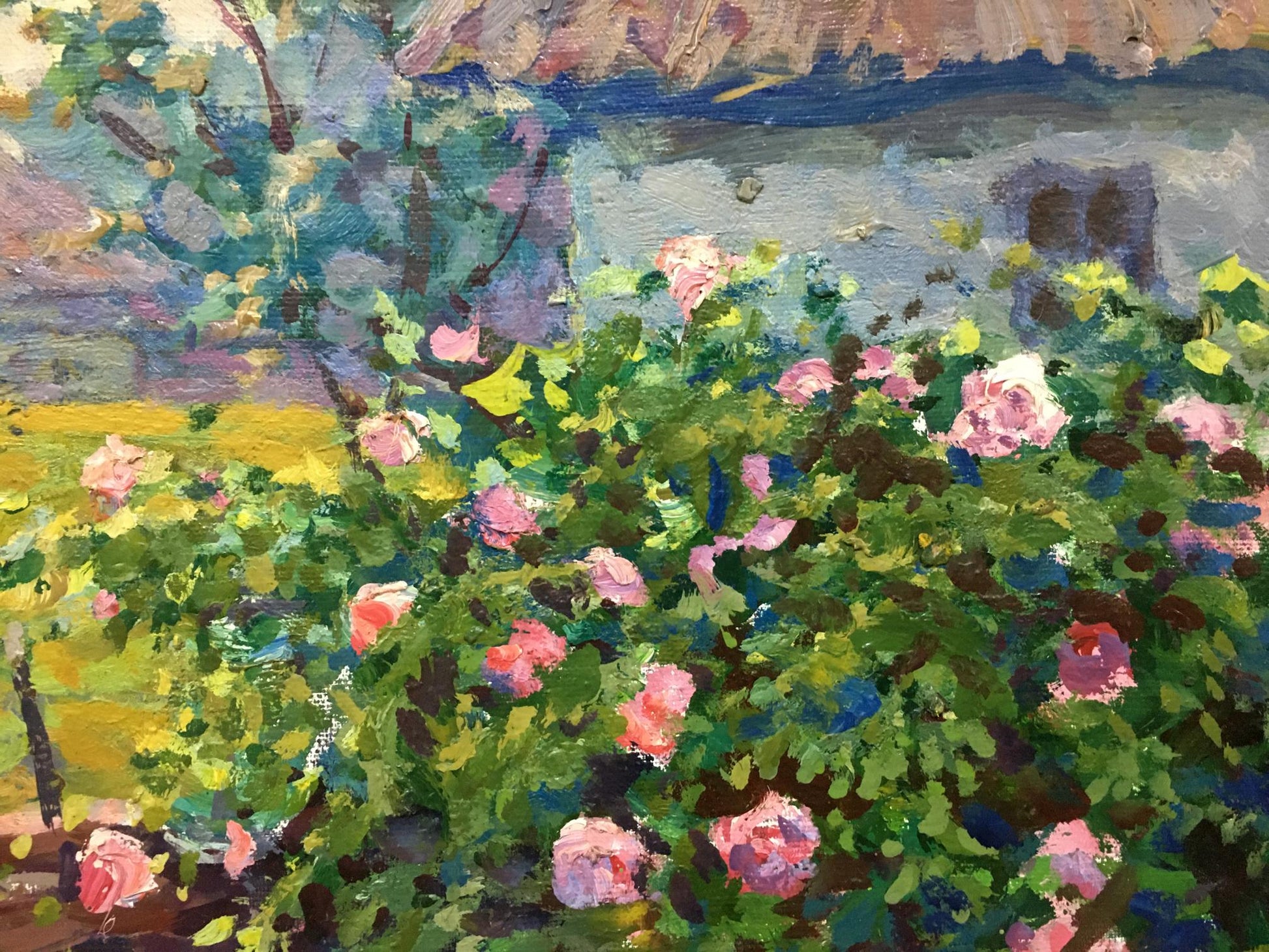 Oil painting Garden by Fomin Anatoly Nikiforovich: pink roses in lush garden