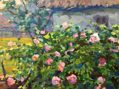 Oil painting Garden by Fomin Anatoly Nikiforovich: pink roses in lush garden