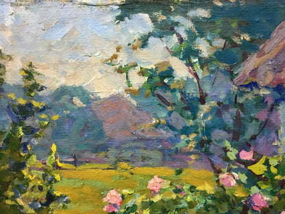 Oil painting Garden by Fomin Anatoly Nikiforovich: rustic cottage in lush greenery