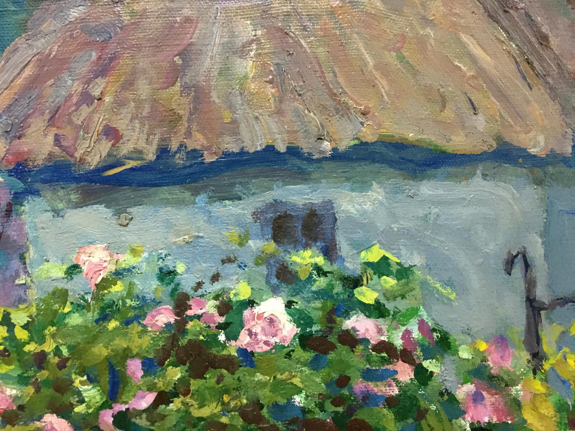 Oil painting by Fomin Anatoly Nikiforovich: rustic thatched cottage with ivy and pink roses