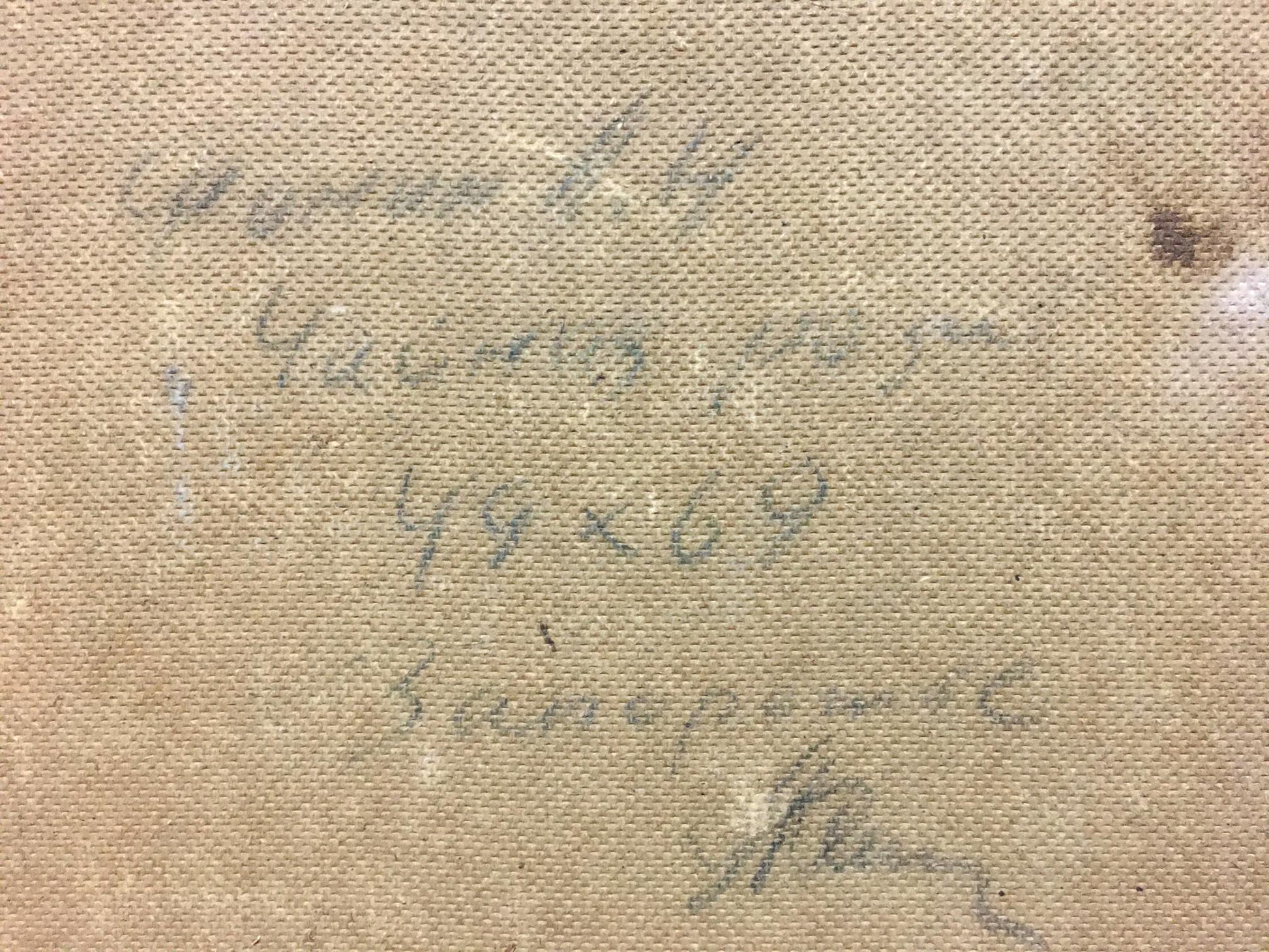Faded handwritten inscription on back of Fomin oil painting canvas
