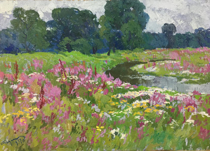 Vibrant impressionist oil painting by Bednoshey Daniil Panteleyevich of blooming meadow