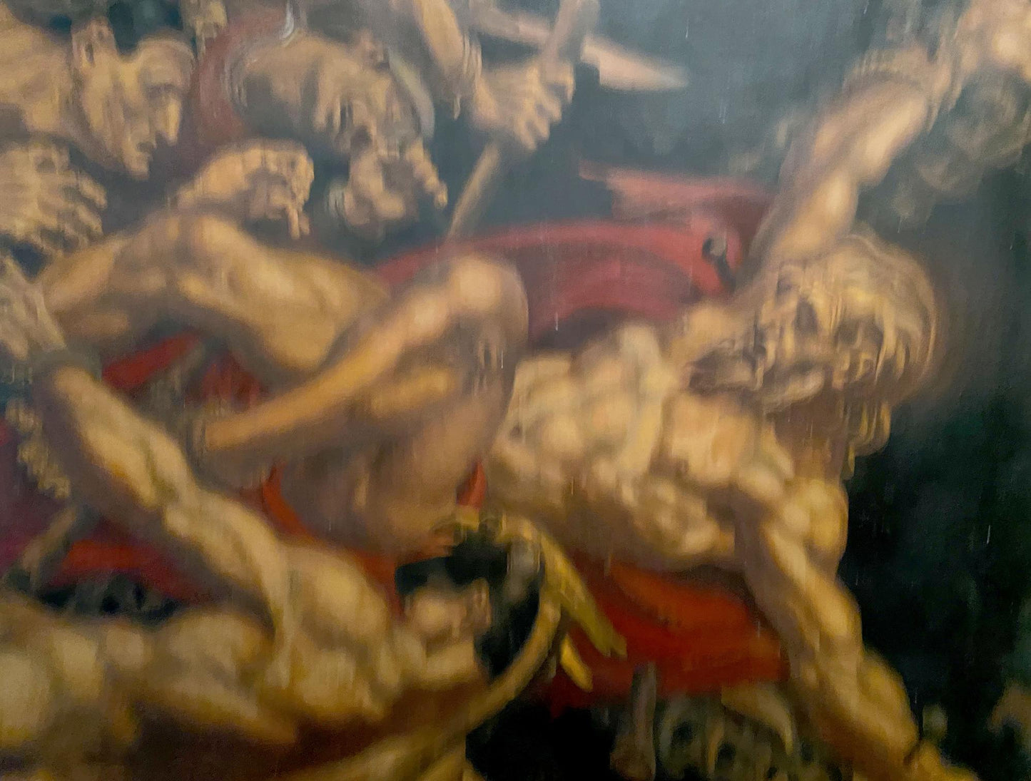 Oil painting Crucifixion of Apostle Andrew by Litvinov, muscular golden figures in battle