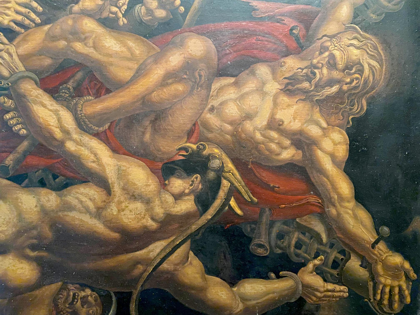 Oil painting of Crucifixion of Apostle Andrew by Litvinov, muscular bearded figure subdued