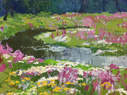 Vibrant impressionist oil painting by Bednoshey Daniil Panteleyevich, winding stream and wildflowers