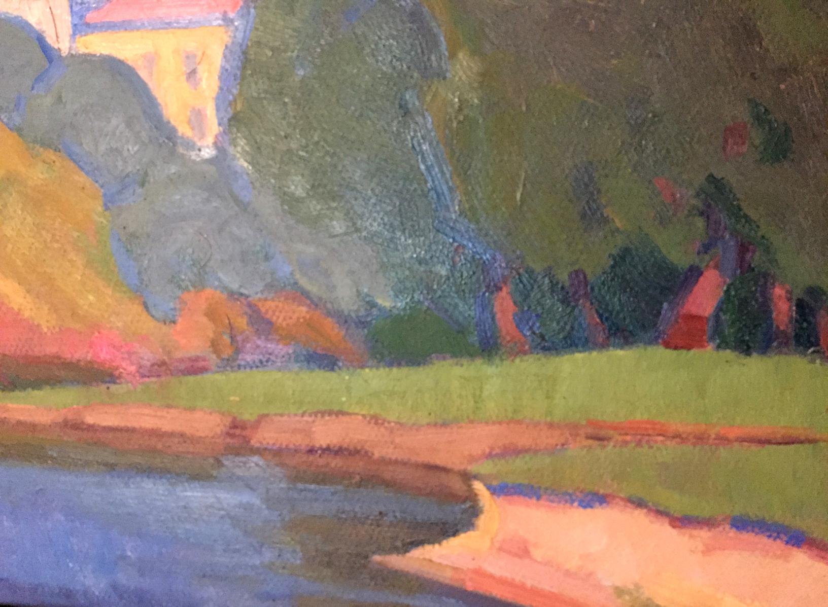 Vibrant impressionist oil painting by Khrustalenko Nikolay Aleksandrovich: countryside riverbank