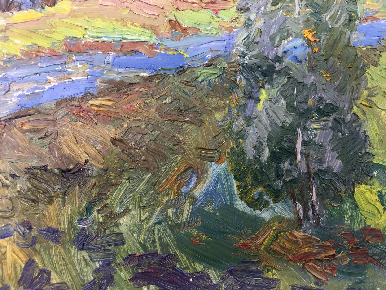 Oil painting Meadows by Viktor Grigoryevich Sevastyanov, textured green tree landscape