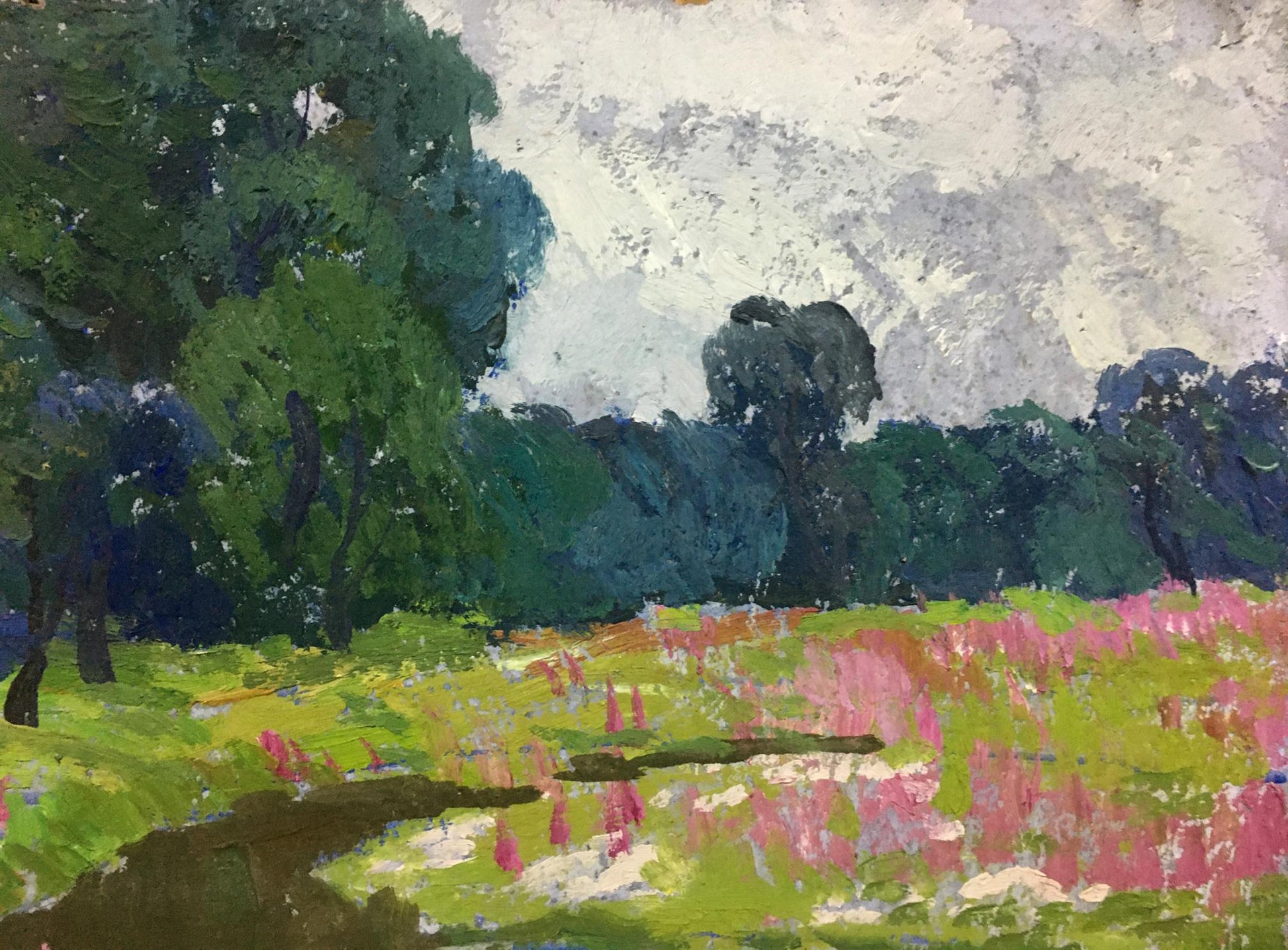 Vibrant impressionist oil painting by Bednoshey Daniil Panteleyevich: pink flowers field