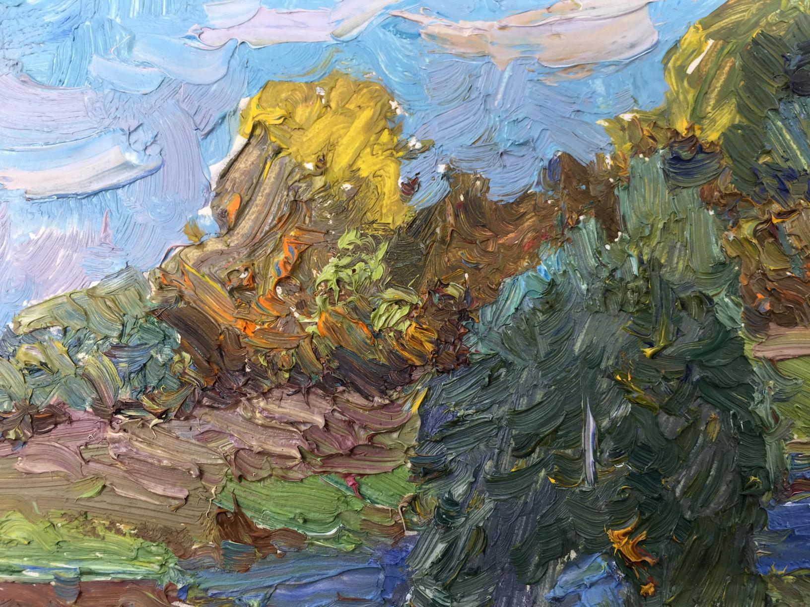 Oil painting Meadows by Viktor Grigoryevich Sevastyanov: vibrant impressionist rocky hillside