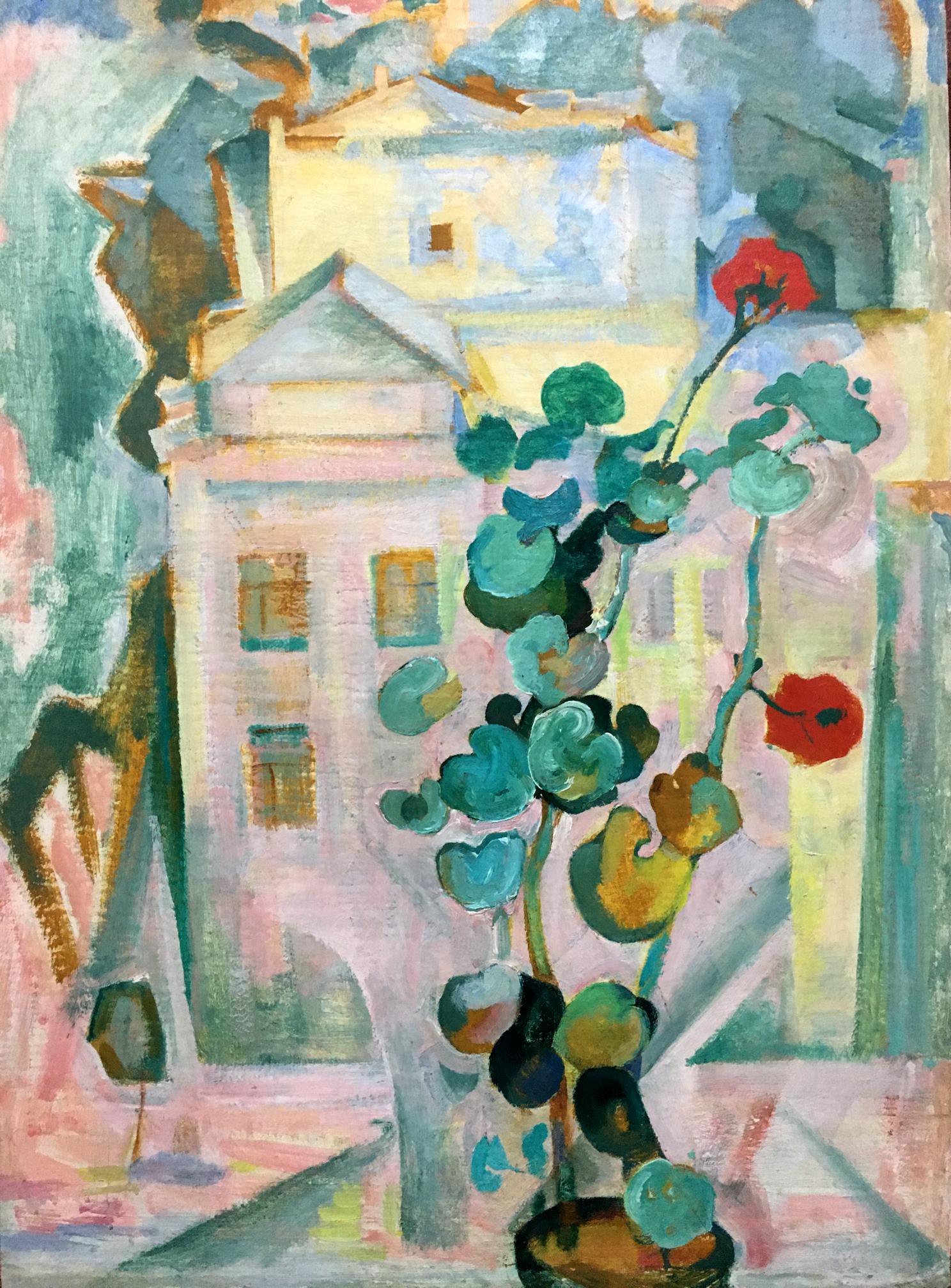 Oil painting Good morning by Yuri Ivanovich Kiyansky with tall plant and red flowers