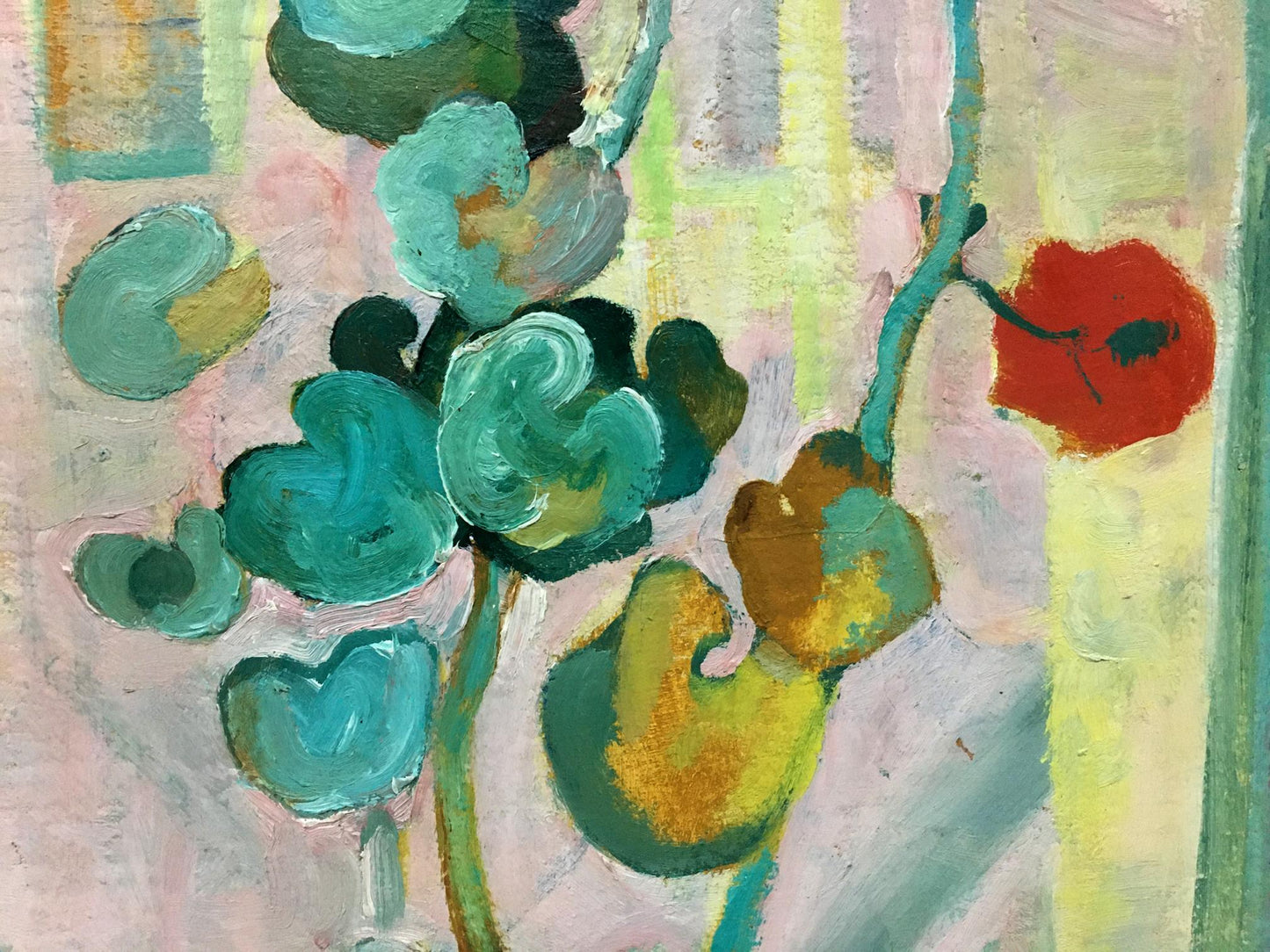 Oil painting Good morning by Yuri Ivanovich Kiyansky with teal green red florals on pink yellow background