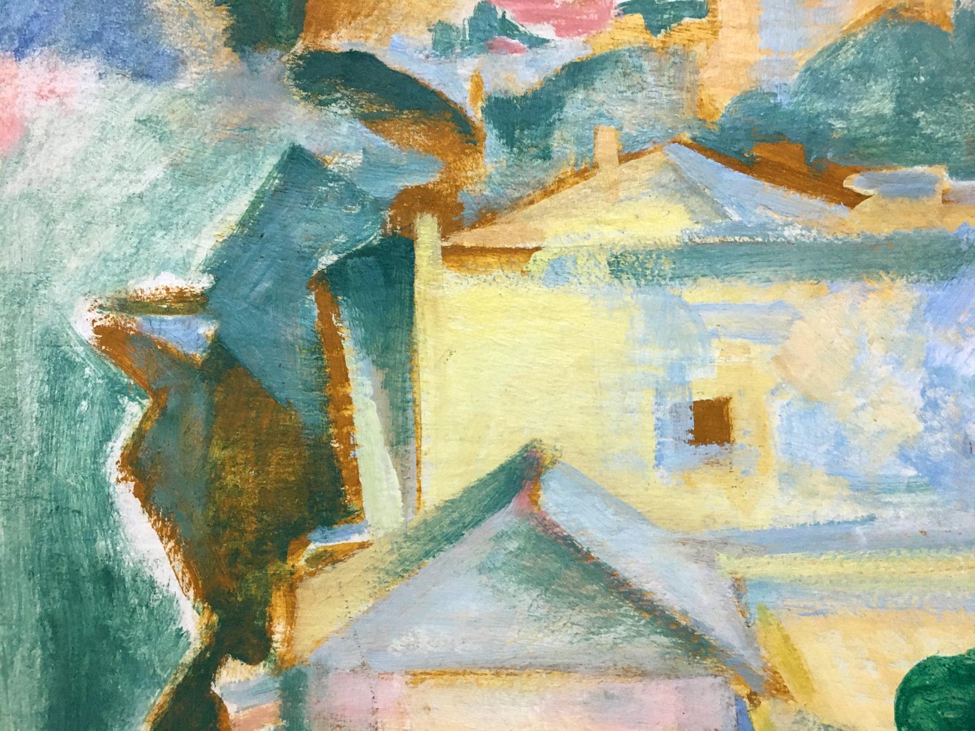 Vibrant impressionistic oil painting Good morning by Yuri Ivanovich Kiyansky, village with yellow blue rooftops and green hills