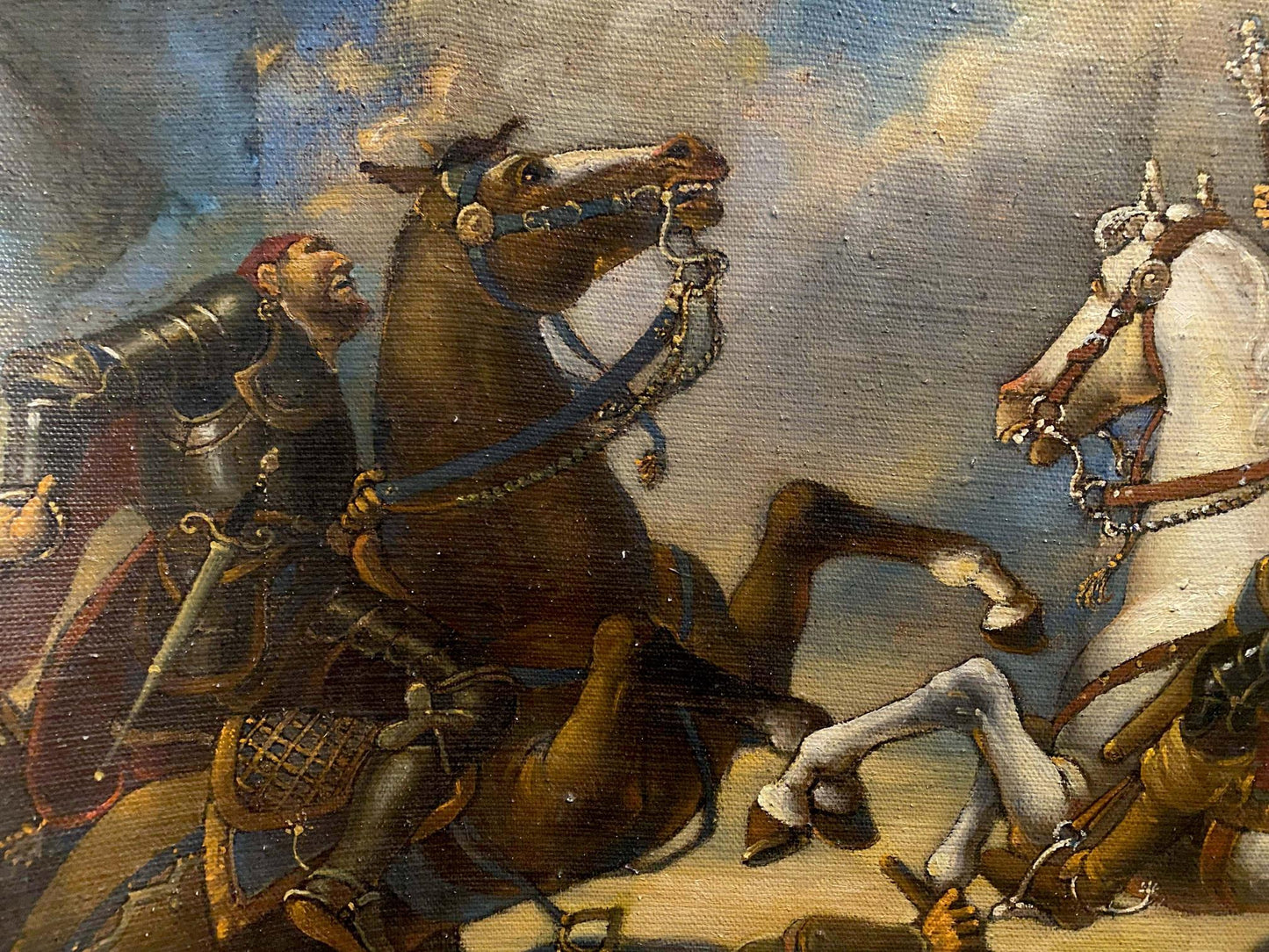 Oil painting Siege of Breda by Oleg Litvinov: brown horse rears in battle
