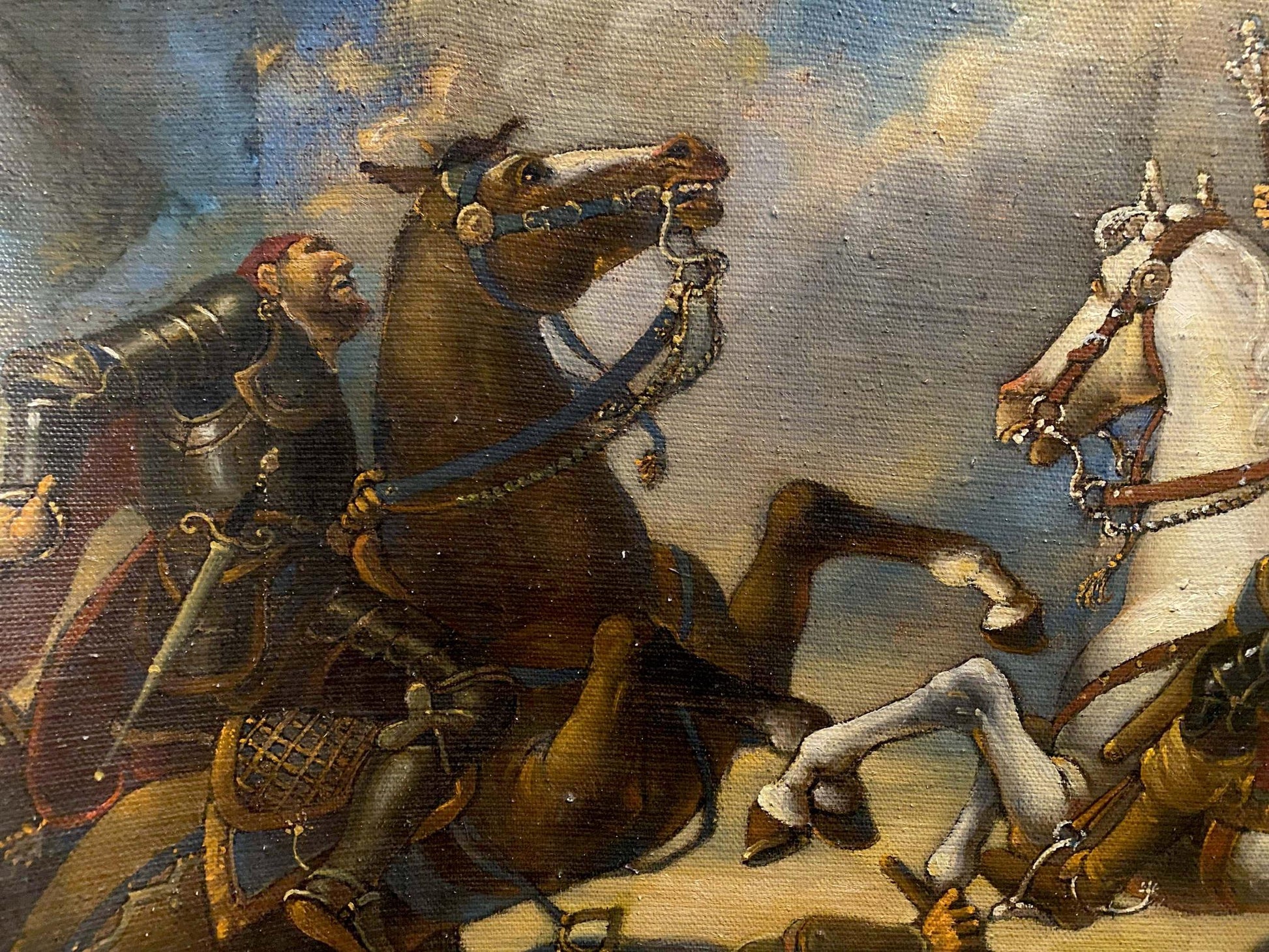 Oil painting Siege of Breda by Oleg Litvinov: brown horse rears in battle