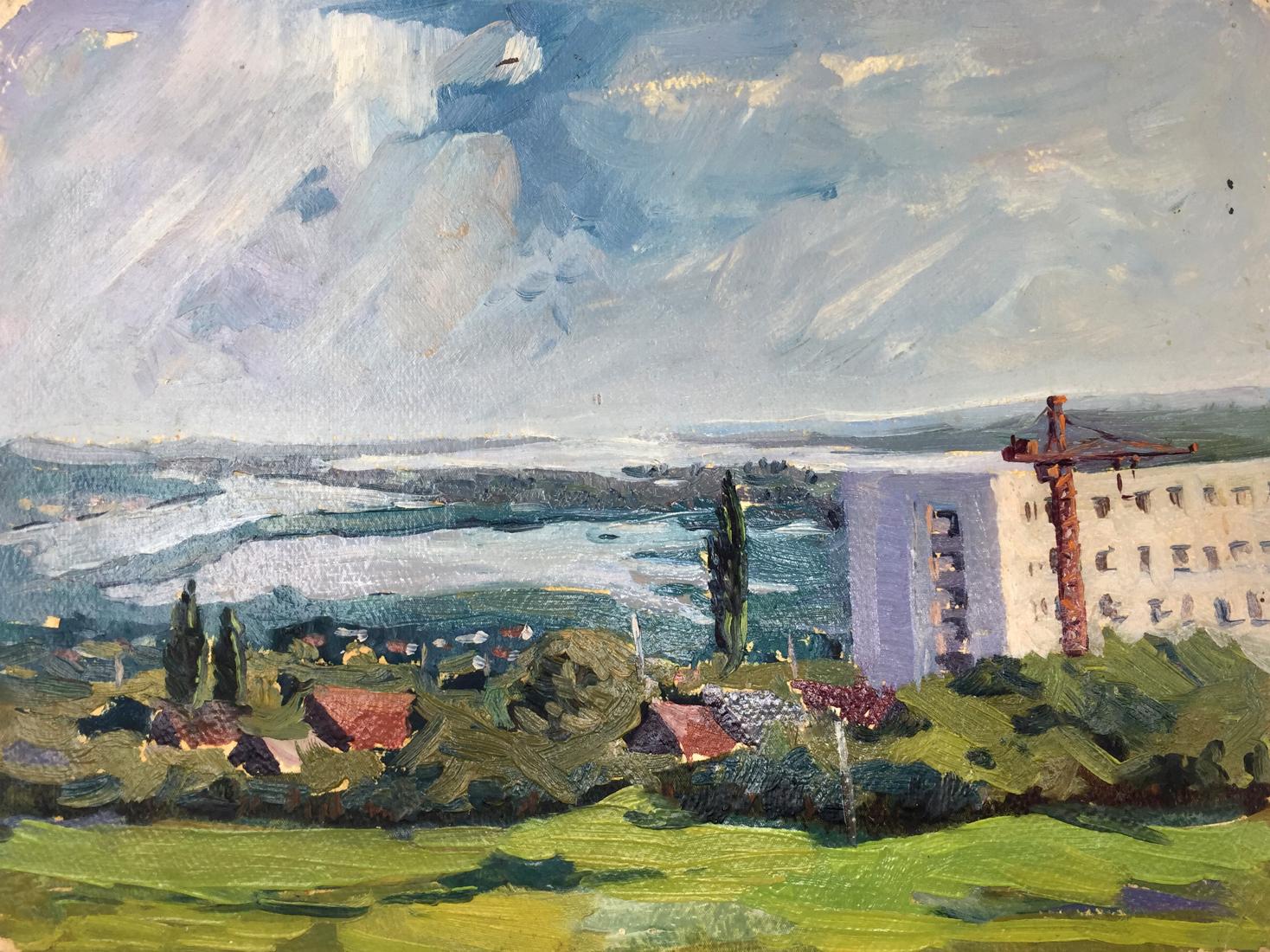 Oil painting of white building with orange crane, green hills, water, cloudy sky