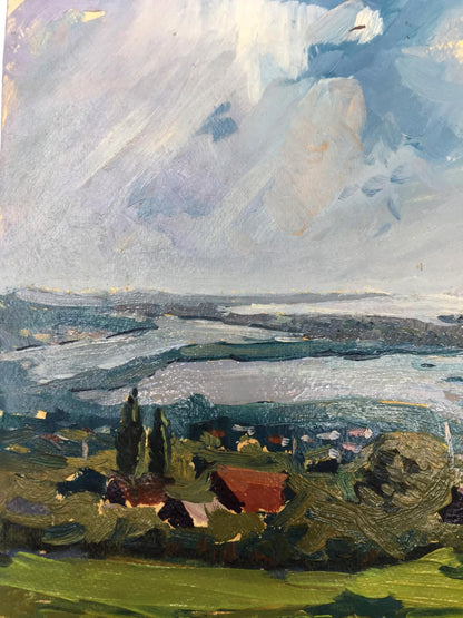 Textured oil painting of serene hills, water, buildings under dynamic sky