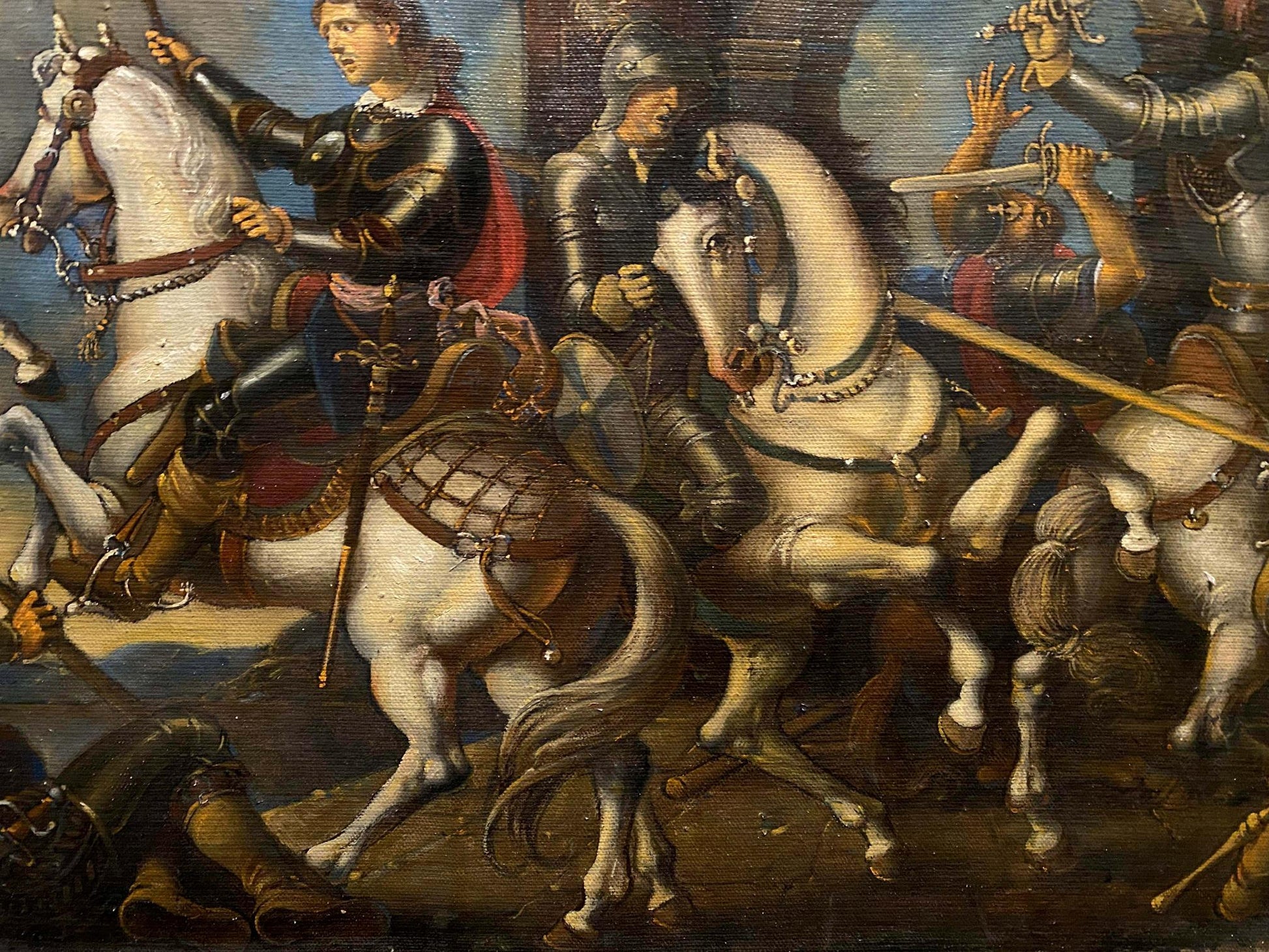 White horse with dark mane in gold-tacked oil painting Siege of Breda by Oleg Litvinov