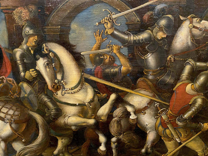 Oil painting Siege of Breda by Oleg Litvinov: white horse galloping in battle