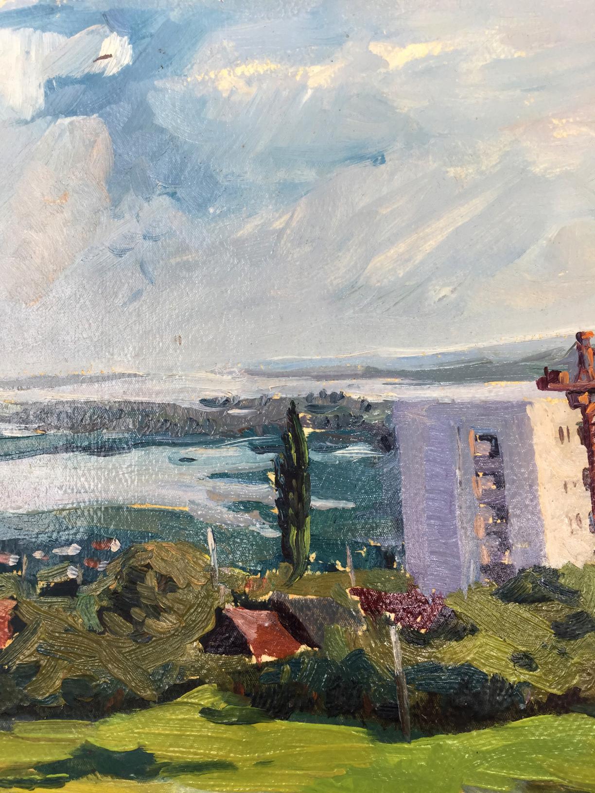 Oil painting of purple building with orange crane on roof, original artwork