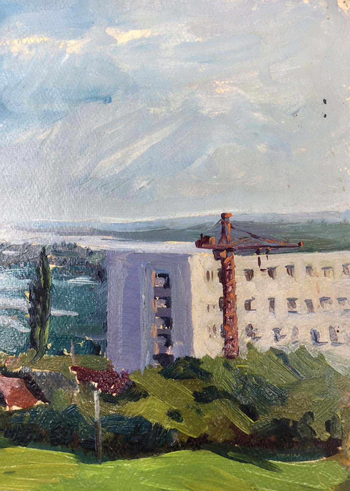 Rusty red crane over white building, original oil painting