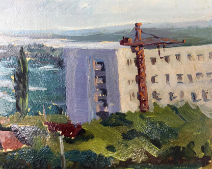 Red crane beside multi-story building oil painting original