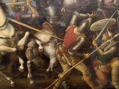 Oil painting Siege of Breda by Oleg Litvinov: knight in silver armor on white horse in battle