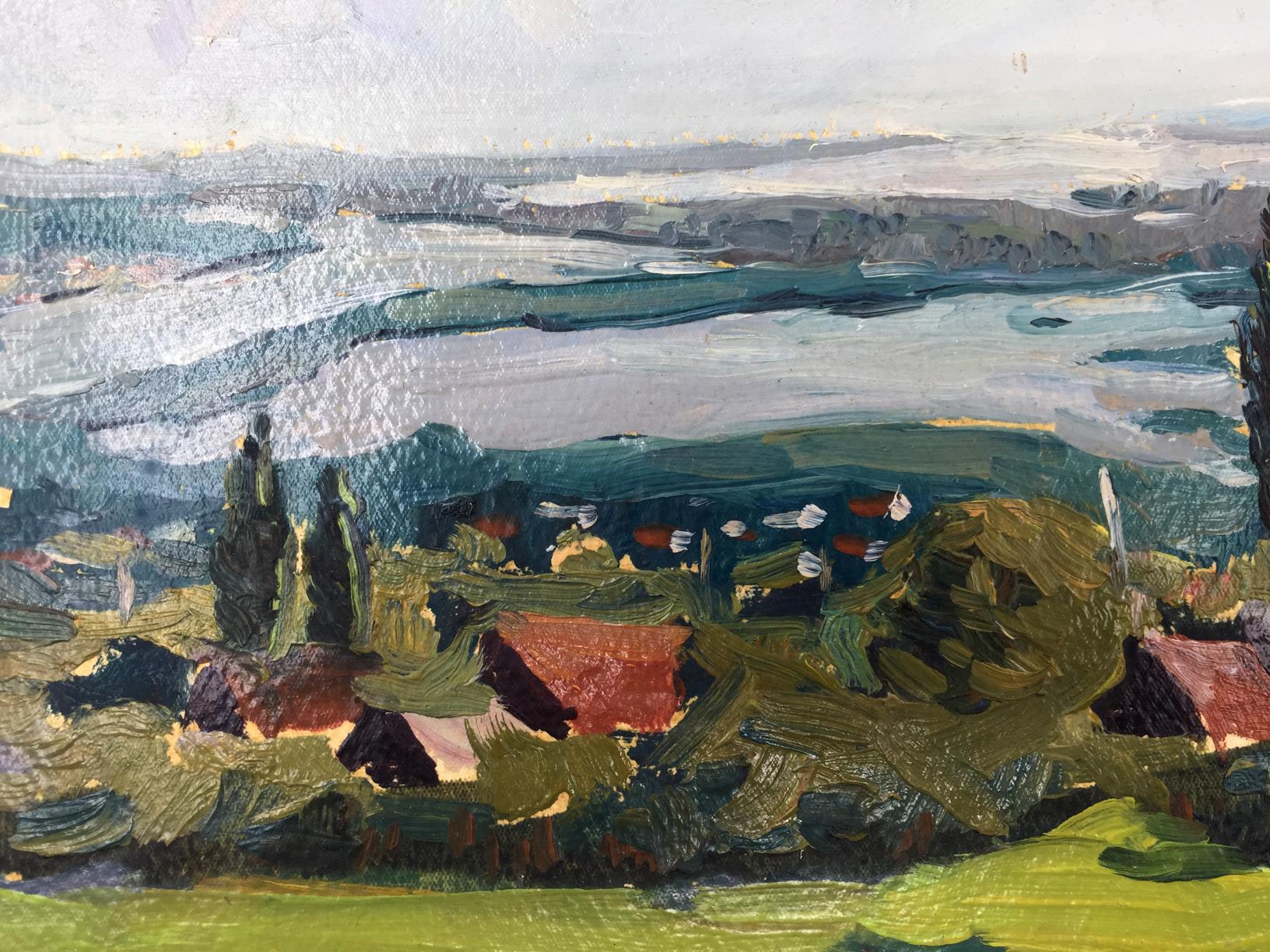 Textured impressionist oil painting of green hills, blue lake, red-roofed houses, trees