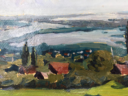 Textured impressionist oil painting of green hills, blue lake, red-roofed houses, trees