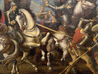 Oil painting of white horse with flowing mane amid armored knights in Siege of Breda by Oleg Litvinov