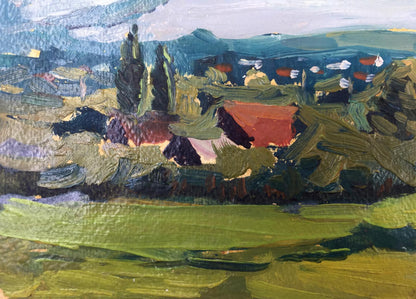 Vibrant impressionist oil painting of building array in bold greens, blues, reds