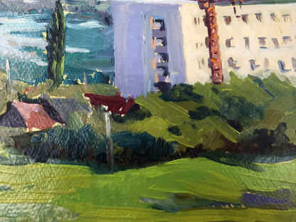 Vibrant oil painting of green landscape with red mailbox and stylized buildings