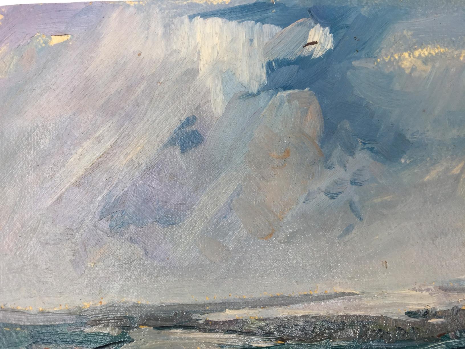 Textured oil painting of swirling blue-gray-white clouds over building array