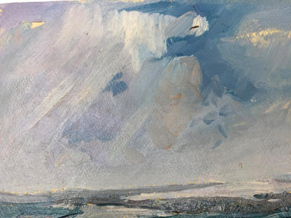 Textured oil painting of swirling blue-gray-white clouds over building array
