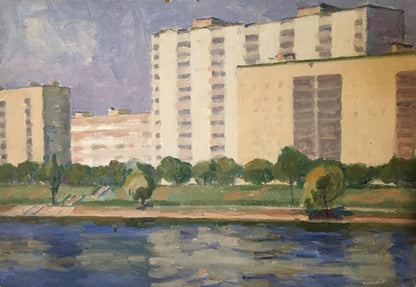 Oil painting of beige high-rise apartments by Khrustalenko Nikolay Aleksandrovich