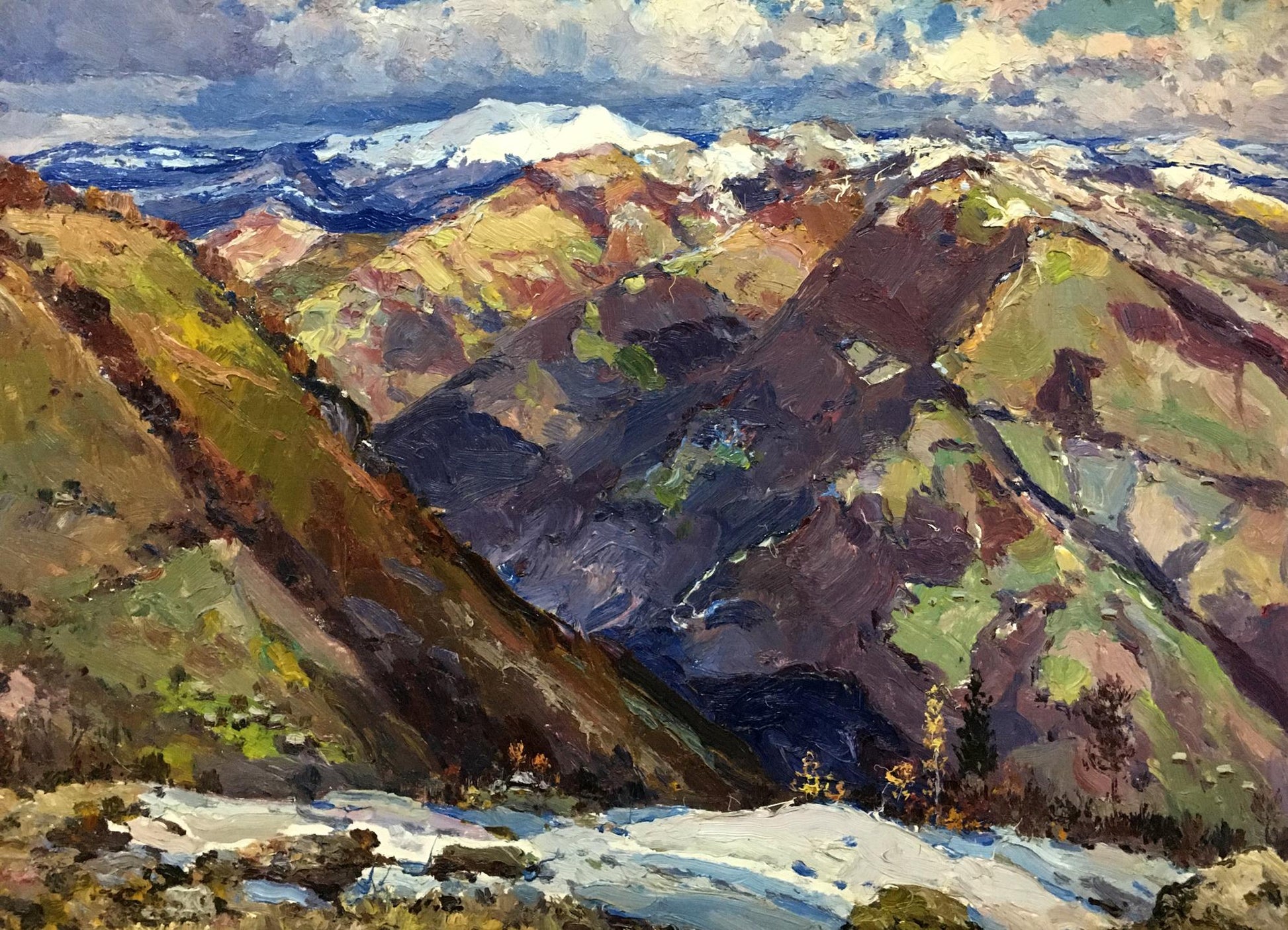 Vibrant impressionistic oil painting of snow-capped mountains by Sidoruk Vladimir Fedorovich
