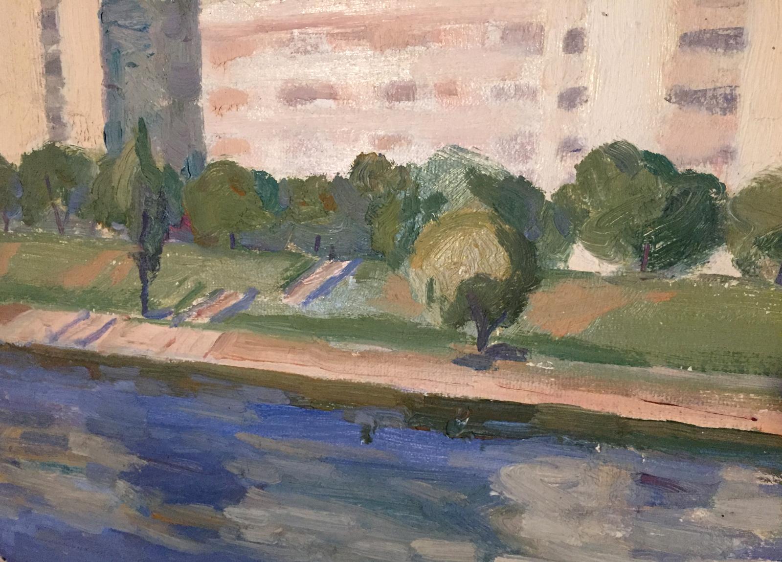 Impressionistic oil painting of riverside city scene by Khrustalenko Nikolay Aleksandrovich