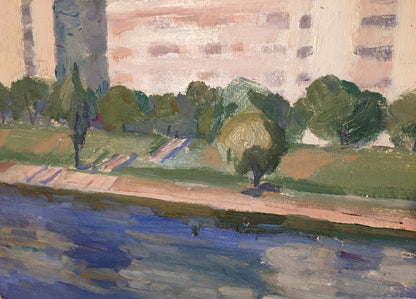 Impressionistic oil painting of riverside city scene by Khrustalenko Nikolay Aleksandrovich